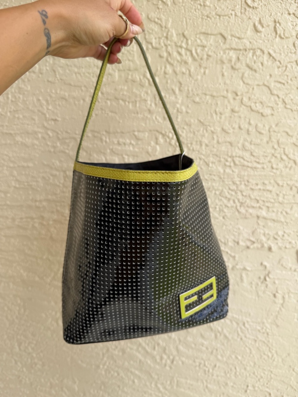 Fendi Black Perforated Tote with Lime Snake Skin Trim and Zip Pocket